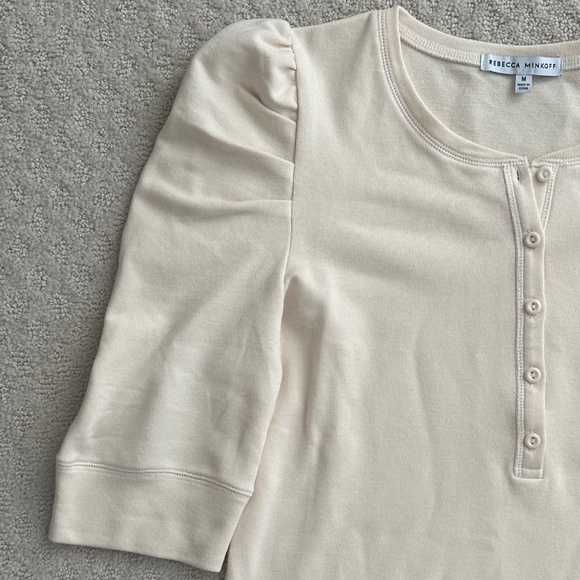 Rebecca Minkoff Janine Puff Sleeve Cotton Henley Top Cream M Casual Feminine - Picture 7 of 13